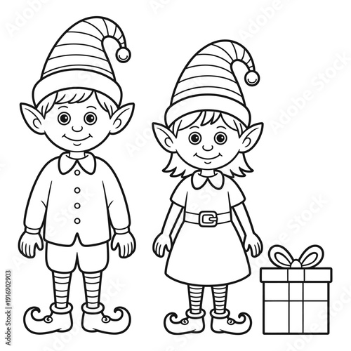 Two cheerful elves a boy and a girl with a gift box illustration