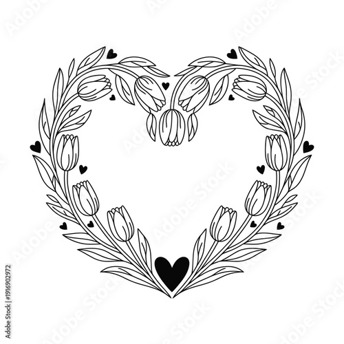 Floral heart wreath featuring tulips and leaves in black and white