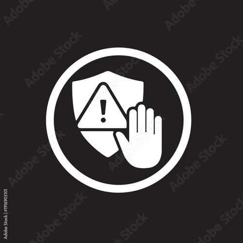Ste of security shield icons with hand gesture and warning sign.