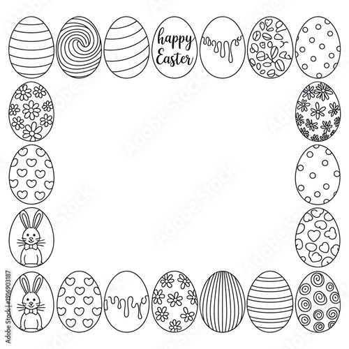 An easter frame composed of decorated eggs and a bunny illustration
