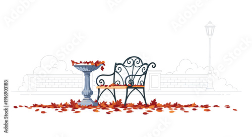 An empty ornate park bench and a birdbath are covered with fallen autumn leaves against a faintly sketched cityscape on a white background.