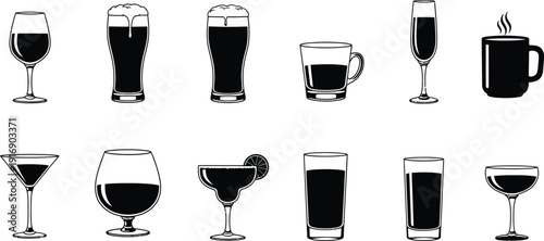 A collection of various alcoholic beverage glasses and mugs