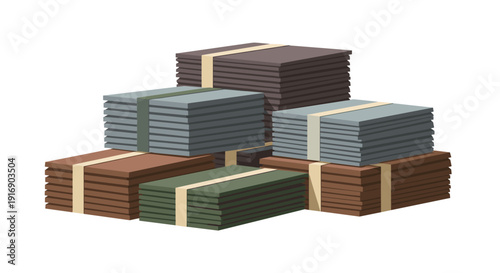 Multiple organized stacks of bundled banknotes in various colors are piled on a white background.