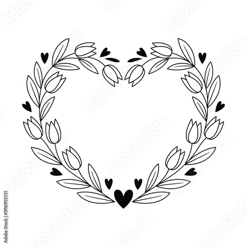 Floral heart wreath a delicate black and white botanical illustration