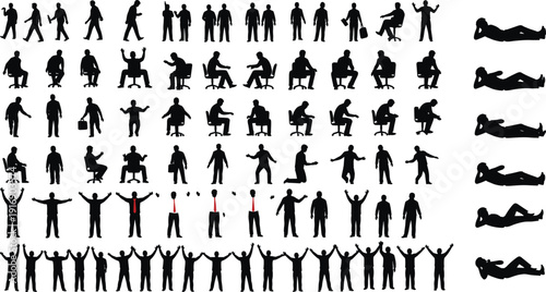 Diverse black silhouettes of business people, men in various poses, sitting, standing, lying, gesturing, working, celebrating, vector illustration