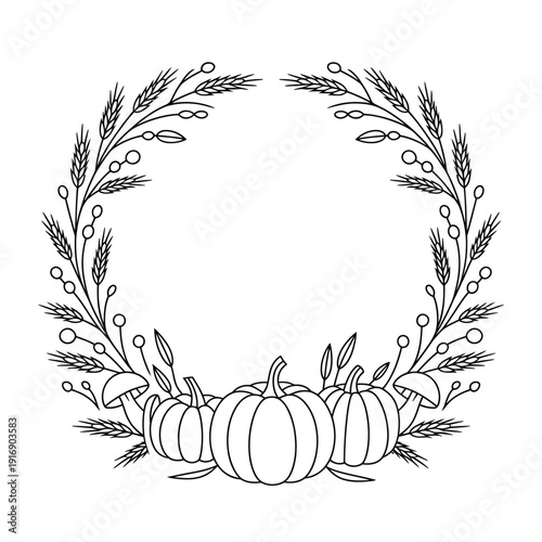 Autumnal wreath featuring pumpkins wheat and foliage in black and white