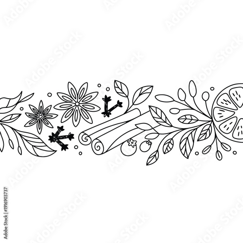 Botanical illustration featuring spices citrus and floral elements in black and white
