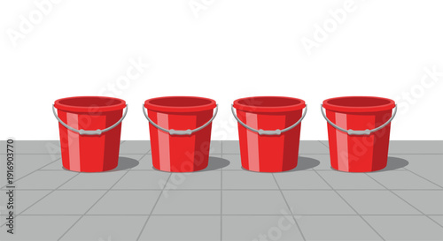 Four red metal buckets with gray handles stand in a straight line on a light gray tiled floor against a white background.