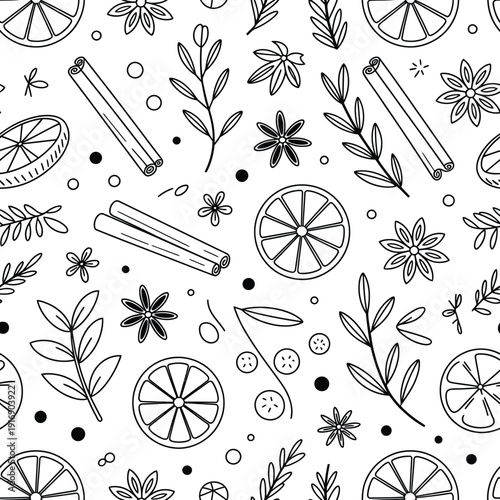 Black and white seamless pattern of spices fruits and botanical elements