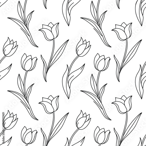 Elegant black and white seamless pattern of tulip flowers and leaves