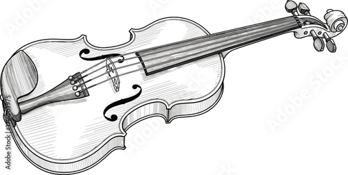 Hand drawn black and white violin illustration isolated on white background