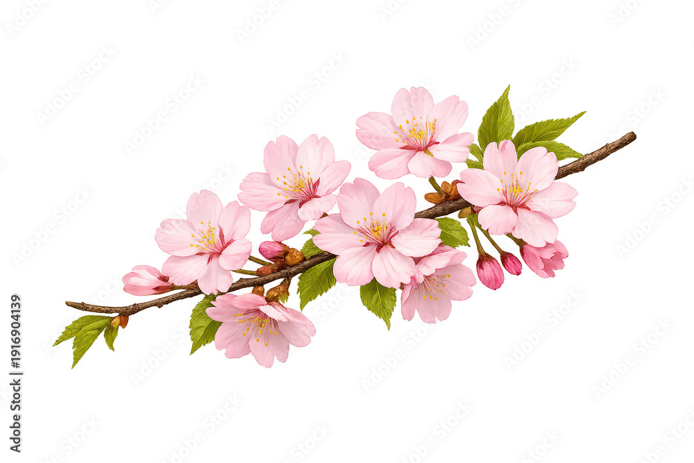 Obraz premium Cherry blossom branch blooming with pink sakura flowers, representing spring, nature, and new beginnings on transparent background