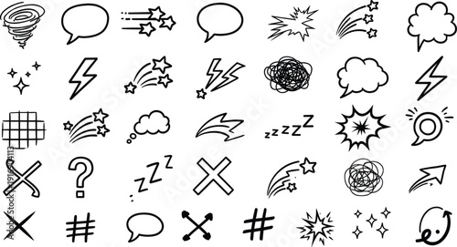 Solid silhouette vector comic book action symbols, hand-drawn speech bubbles and lightning bolts, creative expressive doodles for manga storytelling and graphic design.