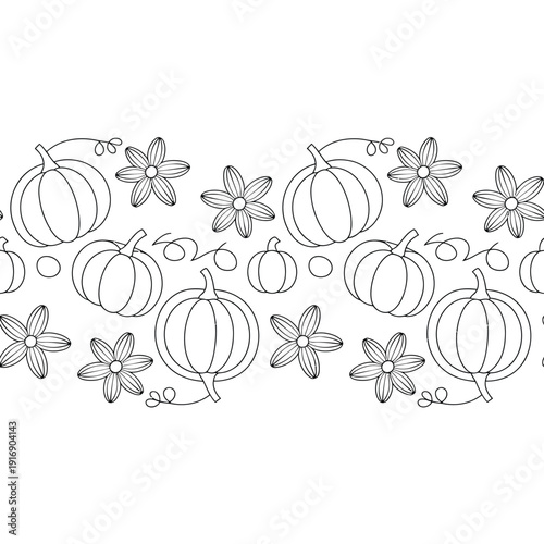 A seamless pattern of pumpkins and flowers in black and white