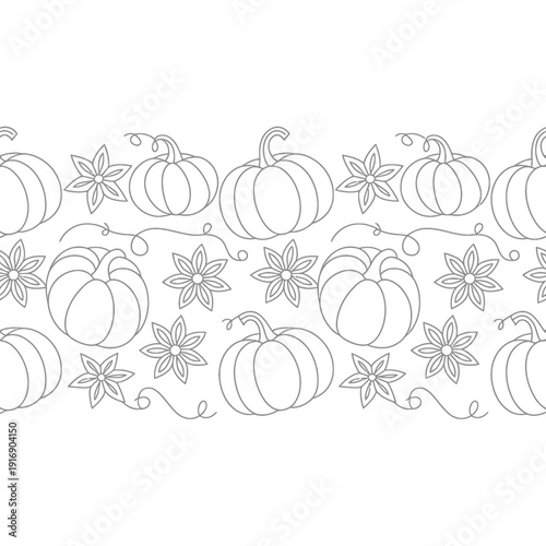 Seamless pattern featuring pumpkins flowers and decorative vines in grayscale