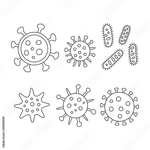 Line art depiction of various virus and bacteria cell structures