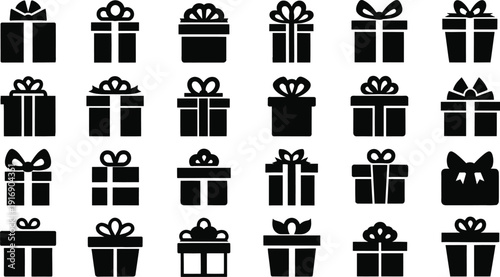 Solid silhouette vector gift box collection, black present icons with diverse ribbon bows for holiday, birthday, and celebration gift wrap design.