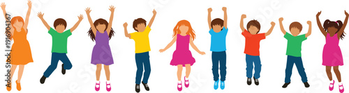 Solid silhouette vector happy jumping children collection, diverse kids cheering in colorful clothes for school and childhood celebration designs.
