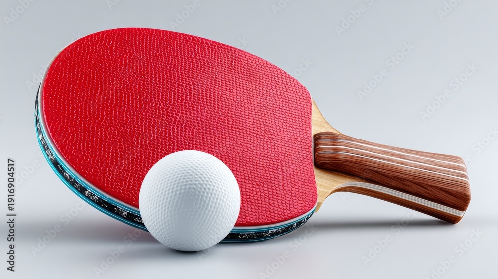 Naklejka premium A red and white ping pong paddle with a white ball on top of it. The paddle is made of wood and has a brown handle