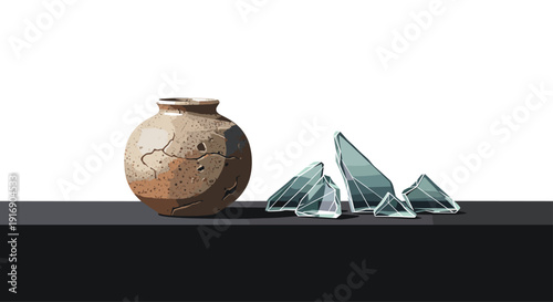 A cracked ancient clay pot stands next to several sharp shattered pieces of glass on a dark contrasting surface.