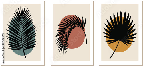 Solid silhouette vector minimalist palm leaf wall art, tropical frond silhouettes on colorful geometric shapes for modern home interior decor.