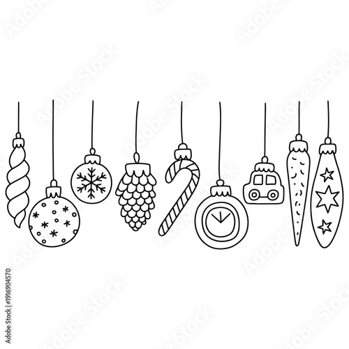 A collection of hand drawn christmas ornaments hanging in a row