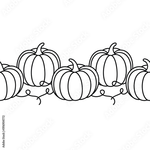A continuous line drawing depicts a row of stylized pumpkins