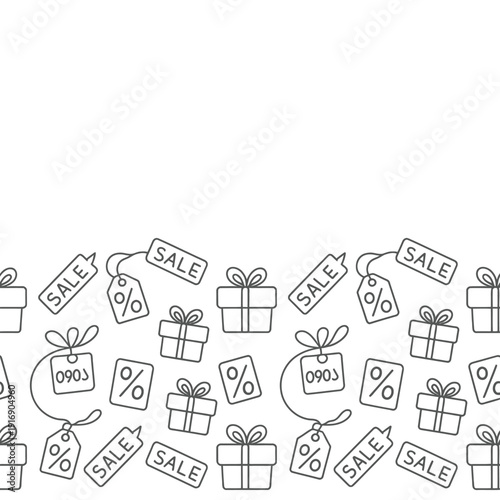 Seamless pattern of gift boxes sale tags and percentage signs