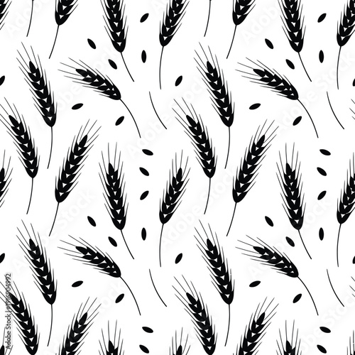 Black and white pattern featuring wheat stalks and scattered grains