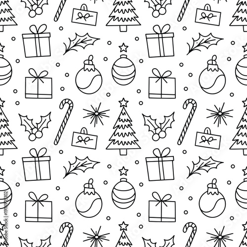 Seamless pattern of hand drawn christmas holiday decorations and gifts