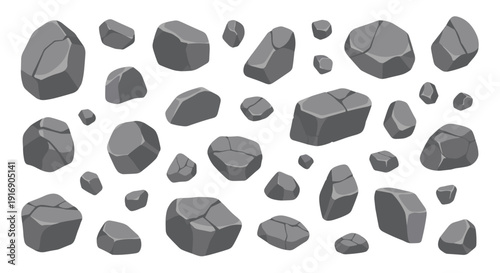 An assortment of various-sized grey rocks and stones, some with cracks, are scattered across a white background.
