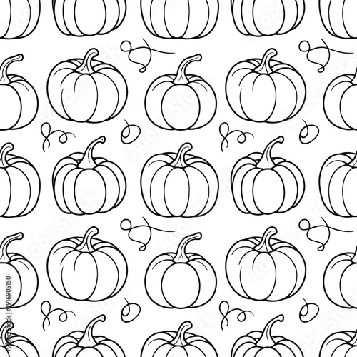 Seamless pattern of hand drawn pumpkins and swirling vines in black and white
