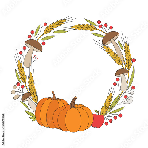 Autumnal wreath featuring pumpkins wheat mushrooms and red berries