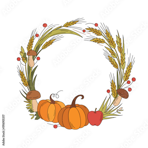 Autumn wreath featuring wheat pumpkins apples and berries illustration