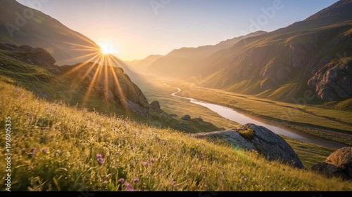 Golden Sunrise Over a Serene Mountain Valley with a Winding River.