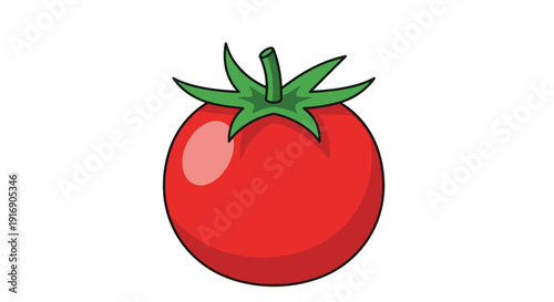Freshly picked red tomato with a green stem and leaves depicted in a simple cartoon style.