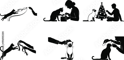 Silhouette of people and dogs in various christmas scenes and poses