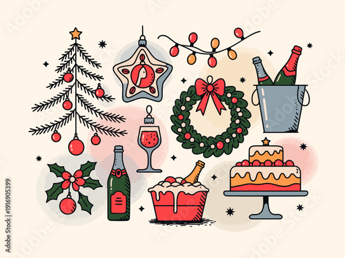 Christmas celebration elements with decorations and festive treats.