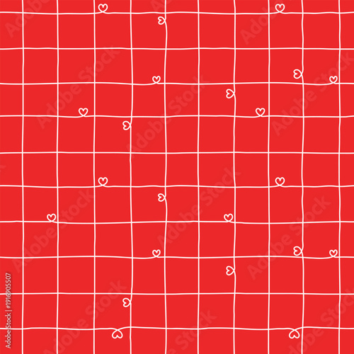 Line art hearts plaid seamless pattern for Valentine day, minimalist textile print, cute wrapping paper design, stripes with romantic symbols