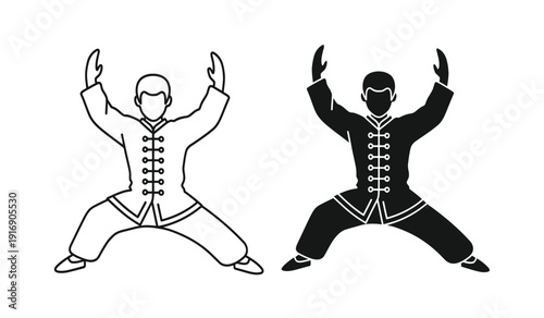 Vector illustration of two martial arts practitioners in dynamic poses with black and white line art styles