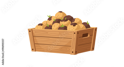 Abundant wooden crate overflowing with freshly harvested potatoes on a clean white background.