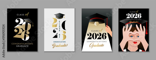 Learning is light - modern cover design for Class of 2026 graduates. Creative poster with typography and graduate girl in graduation robe sends heart. Vector design