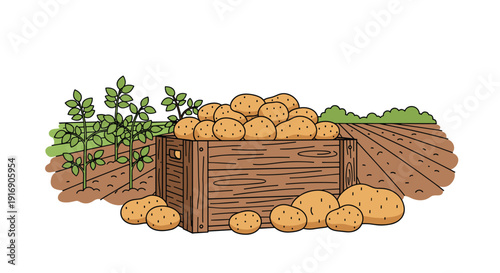 Wooden crate of freshly harvested potatoes in a tilled field with potato plants.