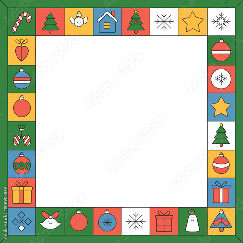 Festive border featuring colorful christmas icons around a white space