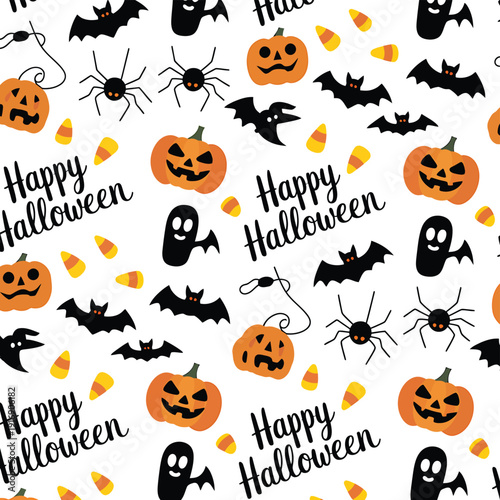 A playful halloween pattern with pumpkins bats spiders ghosts and candy