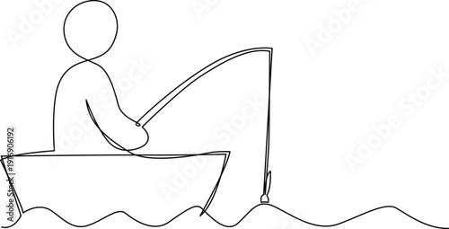 A person sitting in a boat, holding a fishing rod, and fishing in the ocean. Vector