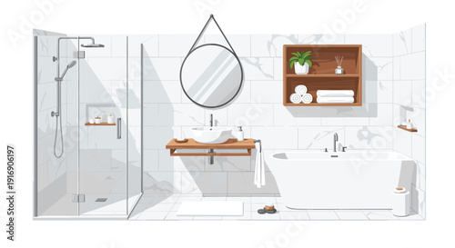 Contemporary bathroom interior with a walk-in shower, freestanding bathtub, round mirror, and a floating vanity with a basin sink.