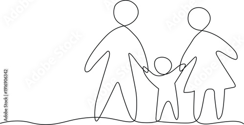 A simple line drawing of a family of three walking together on a beach Vector