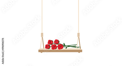 A wooden swing with ropes holding a bouquet of red roses, hanging suspended against a plain white background.