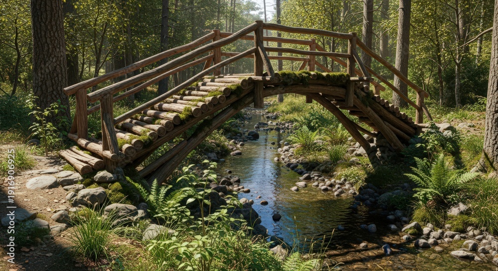 Fototapeta premium Rustic Wooden Bridge Over a Serene Forest Stream.